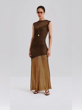 By Malina Sleeveless Brown and gold Striped sheer Maxi Dress size M